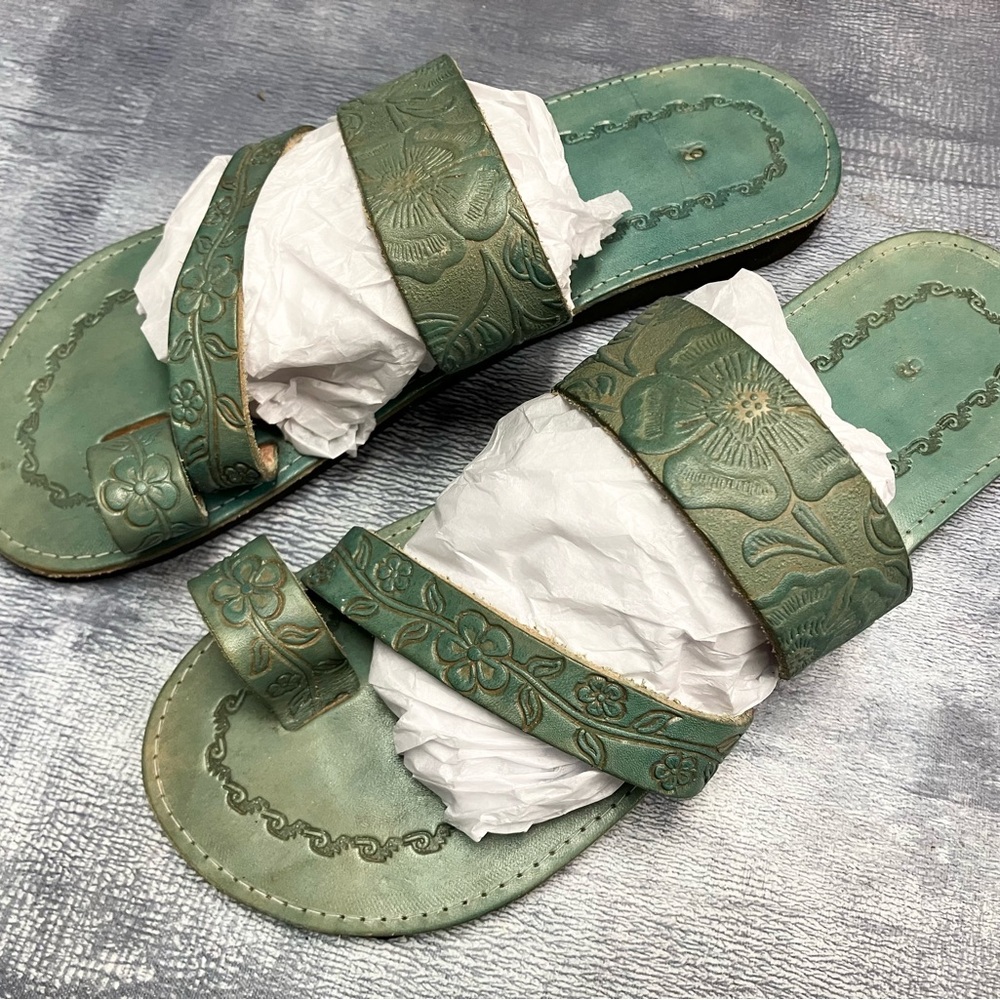 Green Boho Floral Embossed Leather Slide Sandals - Picture 8 of 8